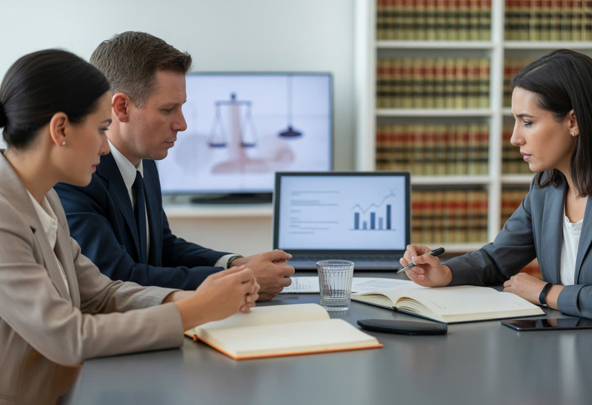 Seksueel grensoverschrijdend gedrag: wat zijn de juridische gevolgen? 3 Drie volwassenen in een kantoor overleggen serieus over juridische documenten aan een tafel.
