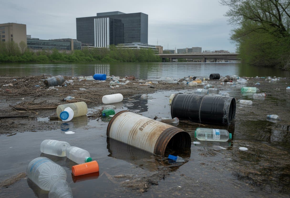 Vervuilde rivier met afval en lekkende chemische vaten naast een kantoorgebouw.
