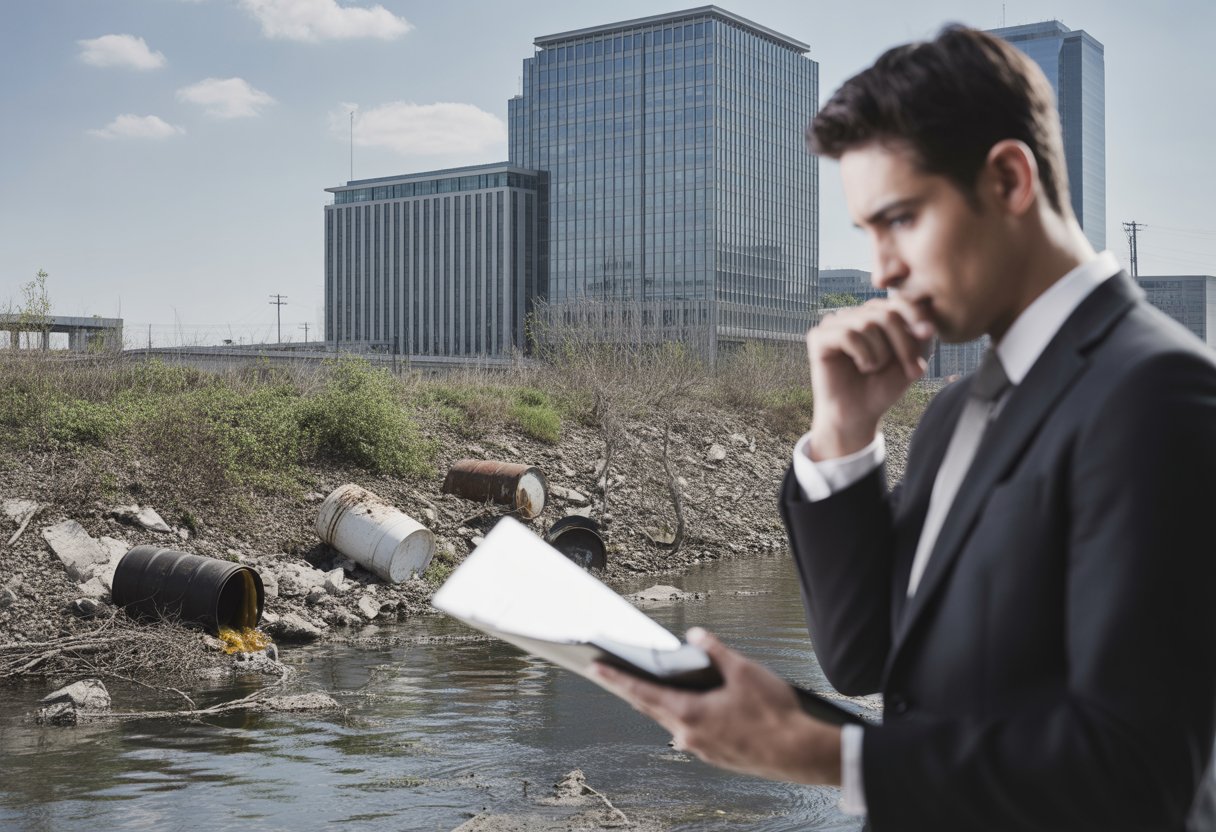 Een zakelijk gebouw op de achtergrond met een vervuilde rivier op de voorgrond waar illegale afvallozingen te zien zijn, en een bezorgde zakenpersoon die de situatie bekijkt.