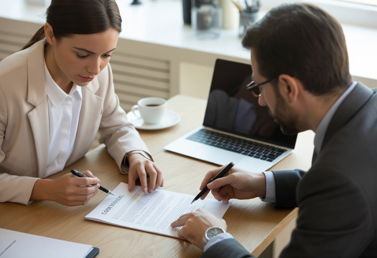 Twee zakelijke professionals bespreken een contract aan een bureau in een kantooromgeving.