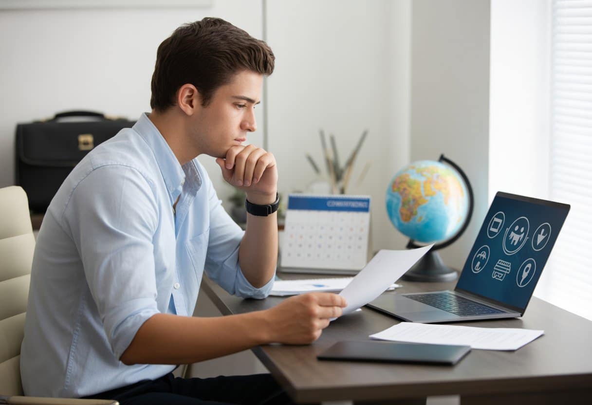 Een jonge man zit aan een bureau en bekijkt documenten en een laptop, met een serieuze blik in een kantooromgeving.