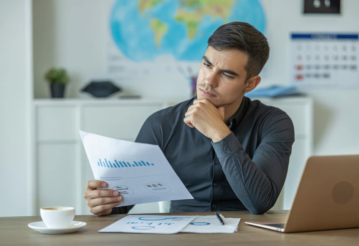 Een jonge man zit aan een bureau en bekijkt documenten met een wereldkaart en kalender op de achtergrond.