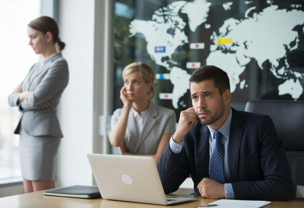 Een man zit bezorgd aan een bureau in een kantoor, terwijl een vrouw in de achtergrond uit het raam kijkt, met een wereldkaart op een glazen bord zichtbaar.