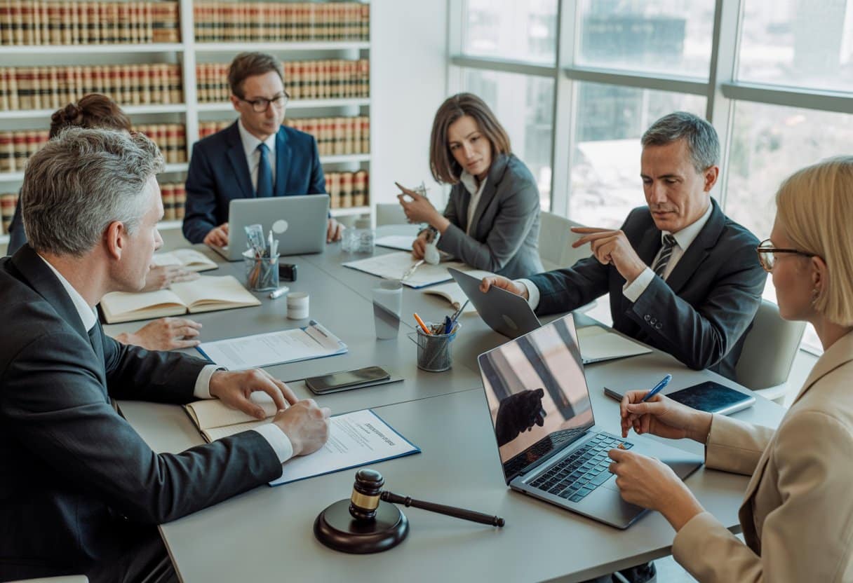 Een groep ondernemers en juridische adviseurs bespreekt contracten aan een vergadertafel in een kantoor.