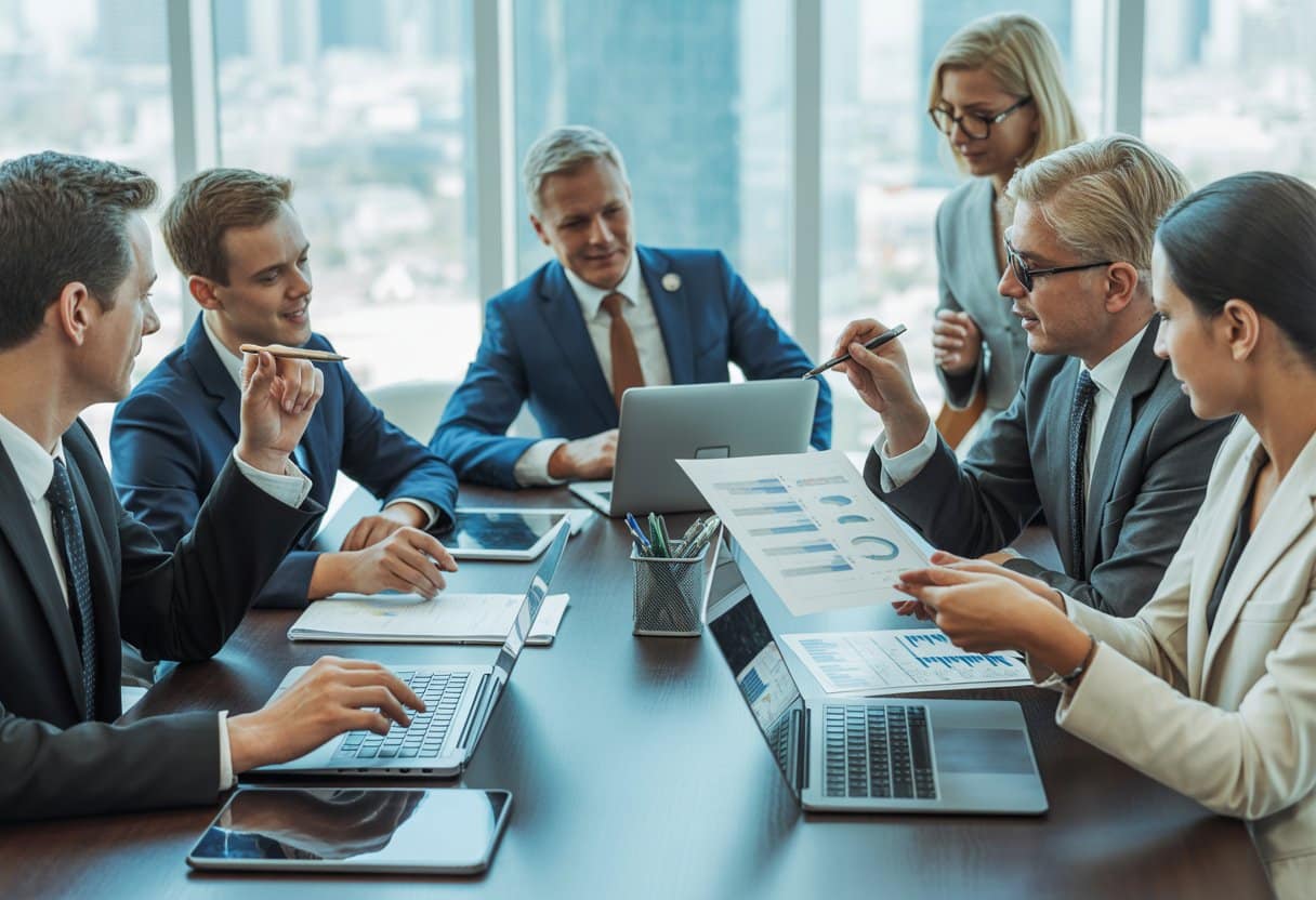 Een groep ondernemers en juridische adviseurs bespreekt contracten aan een vergadertafel in een moderne kantoorruimte.