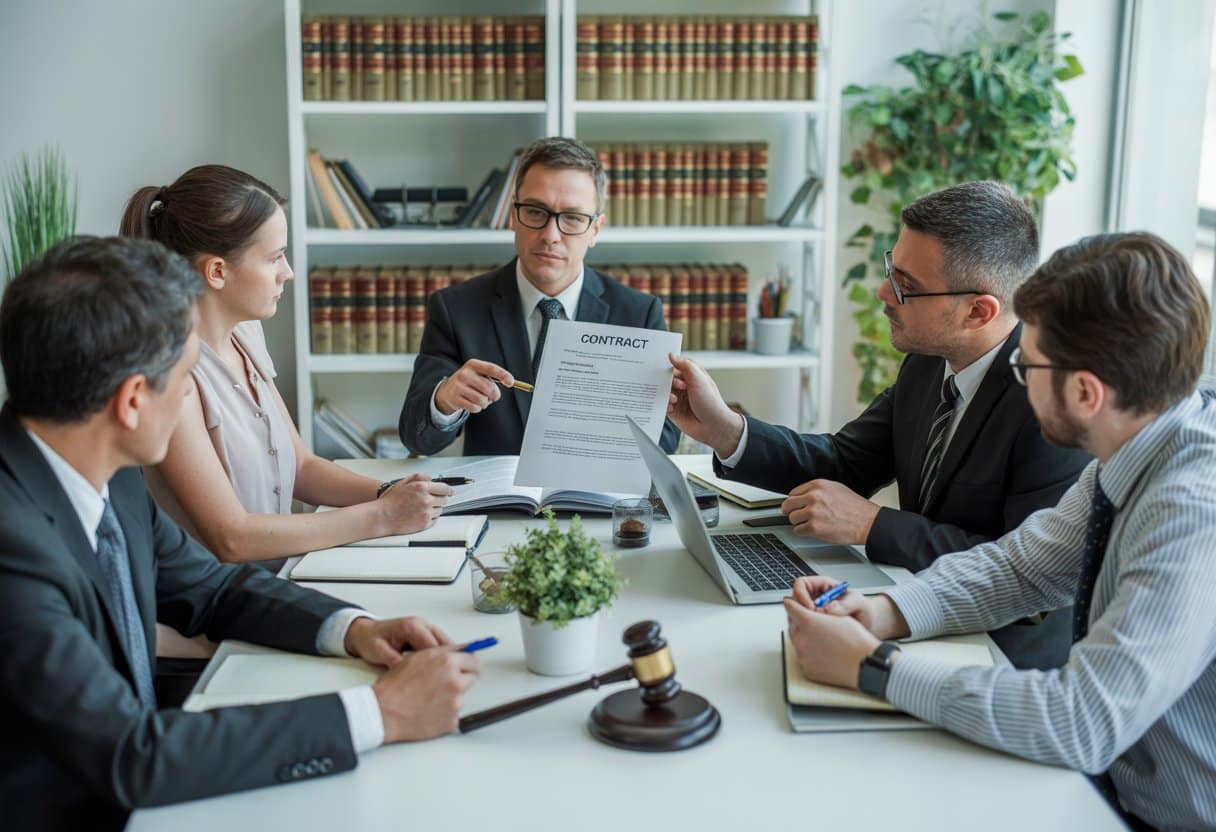 Een groep ondernemers en juridische adviseurs bespreekt contracten in een vergaderruimte.