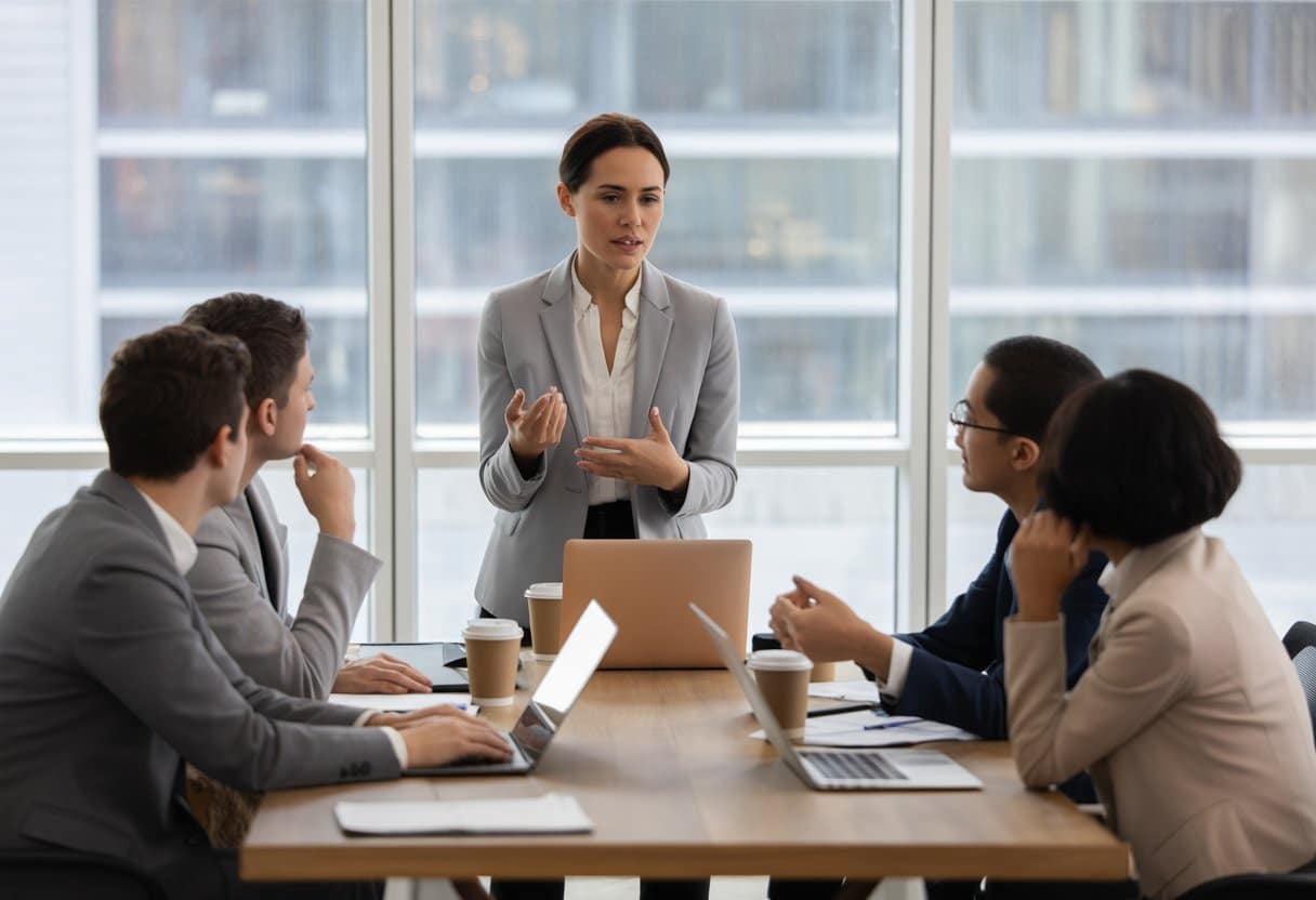 Een groep werknemers luistert aandachtig naar een HR-manager die uitleg geeft in een kantoorruimte met grote ramen en laptops op tafel.