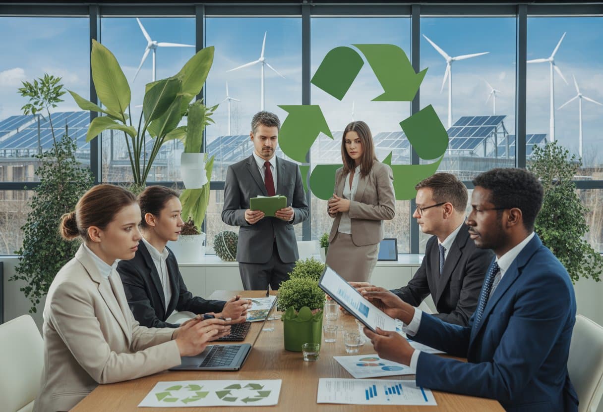 Zakelijke mensen bespreken milieu- en circulaire economie in een moderne kantoorruimte met planten en uitzicht op windmolens en zonnepanelen.