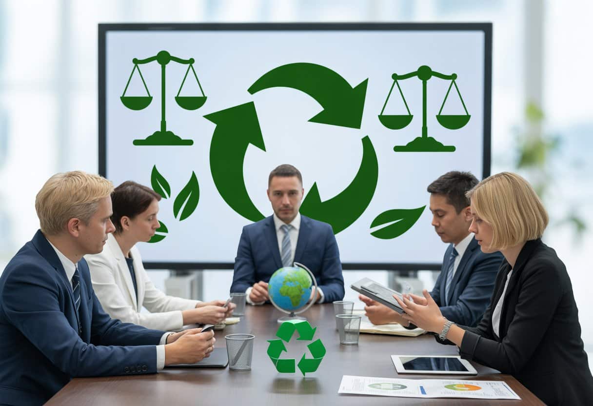 Een groep professionals bespreekt milieuvriendelijke bedrijfsstrategieën rond een vergadertafel met symbolen van duurzaamheid en juridische thema's op een scherm op de achtergrond.