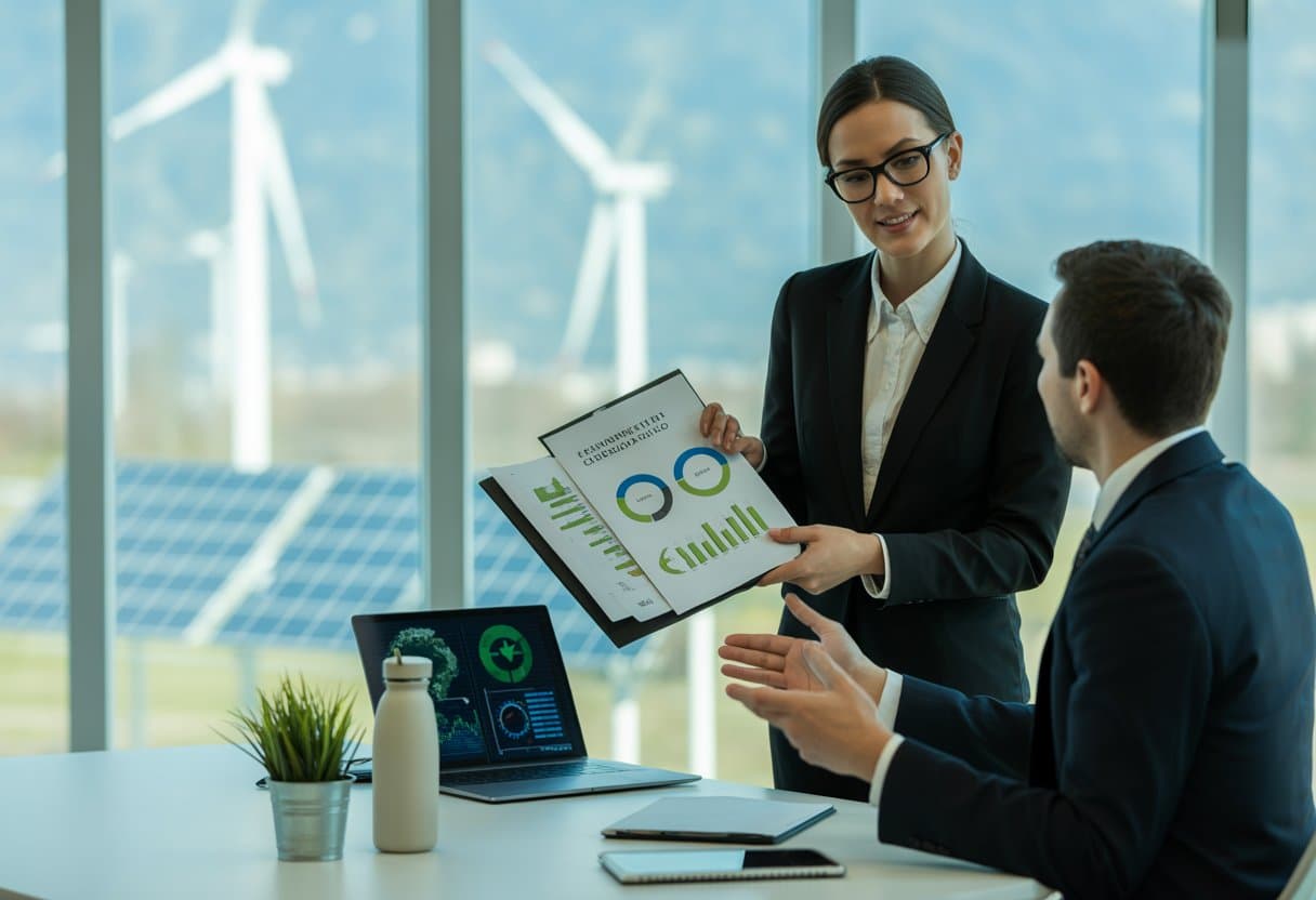 Twee zakelijke mensen bespreken documenten in een kantoor met planten en uitzicht op windmolens en zonnepanelen.