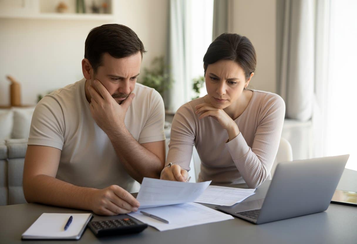 Een man en vrouw zitten aan een tafel en bekijken samen financiële documenten in een huiselijke omgeving.