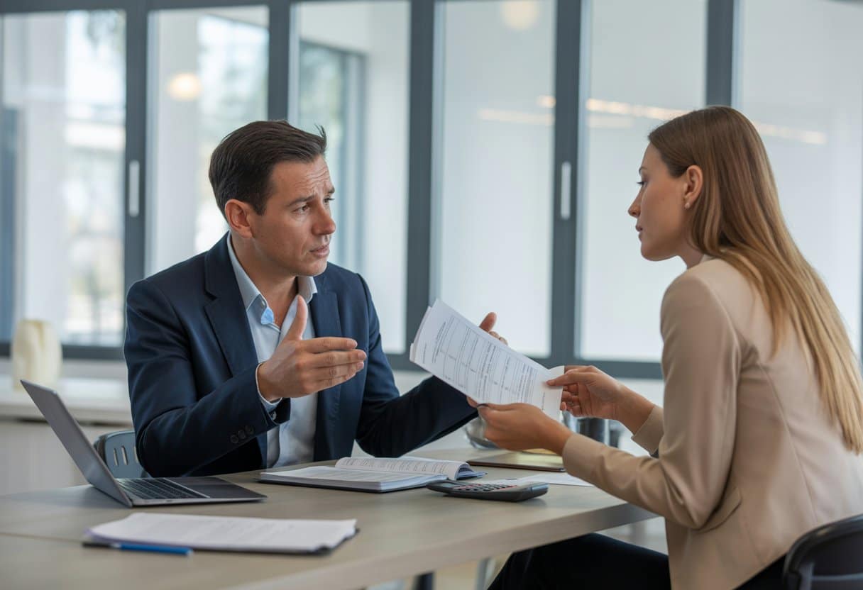 Twee volwassenen in een kantoor die financiële documenten bespreken tijdens een gesprek.