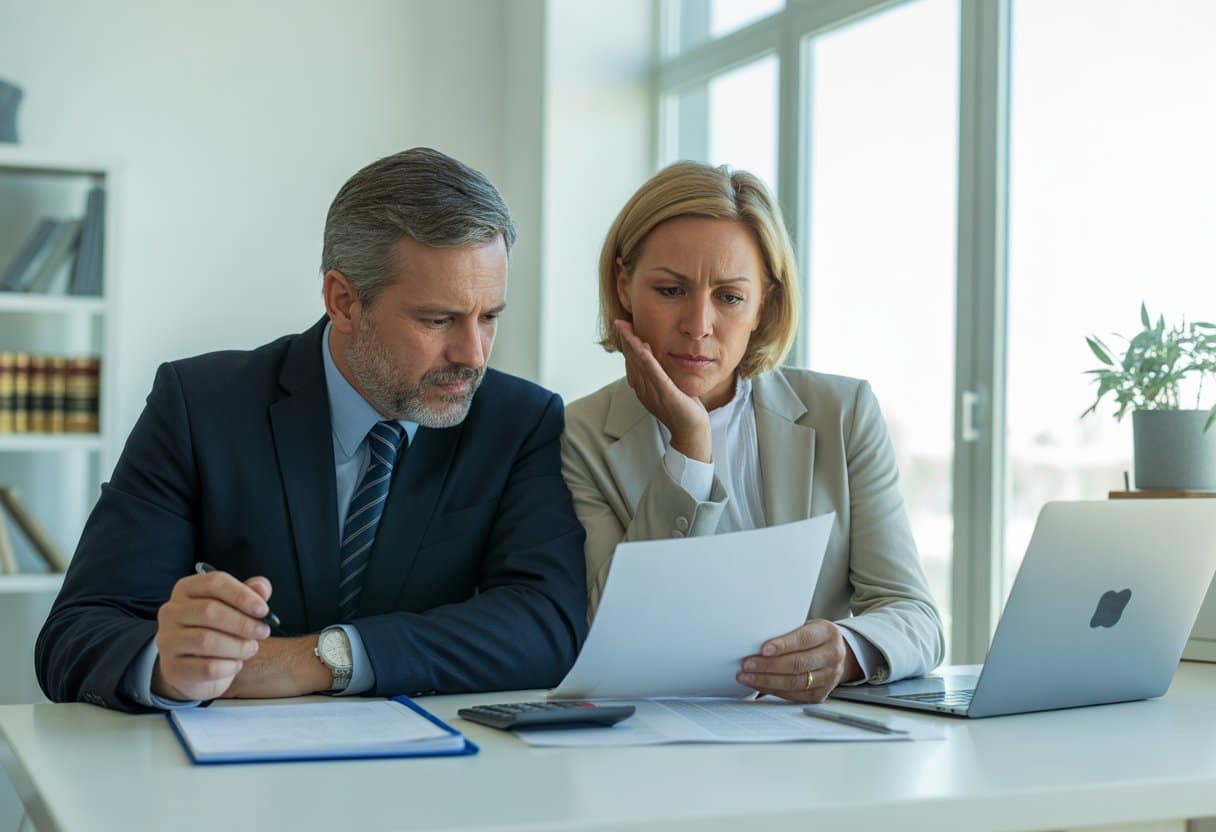 Een man en een vrouw zitten samen aan een bureau en bekijken financiële documenten in een kantooromgeving.