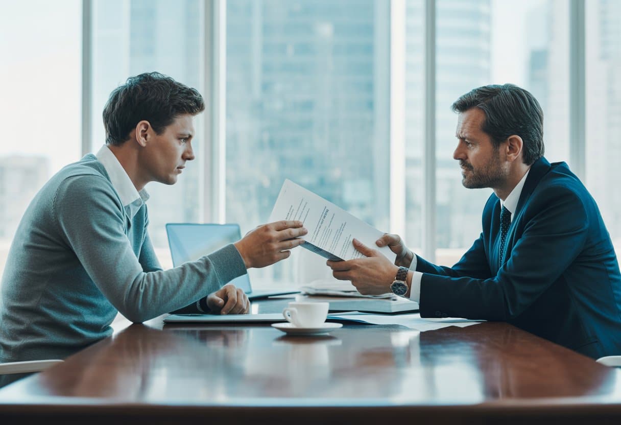 Twee zakenmensen, een start-up oprichter en een investeerder, zitten tegenover elkaar aan een tafel in een kantoor en voeren een serieus gesprek.