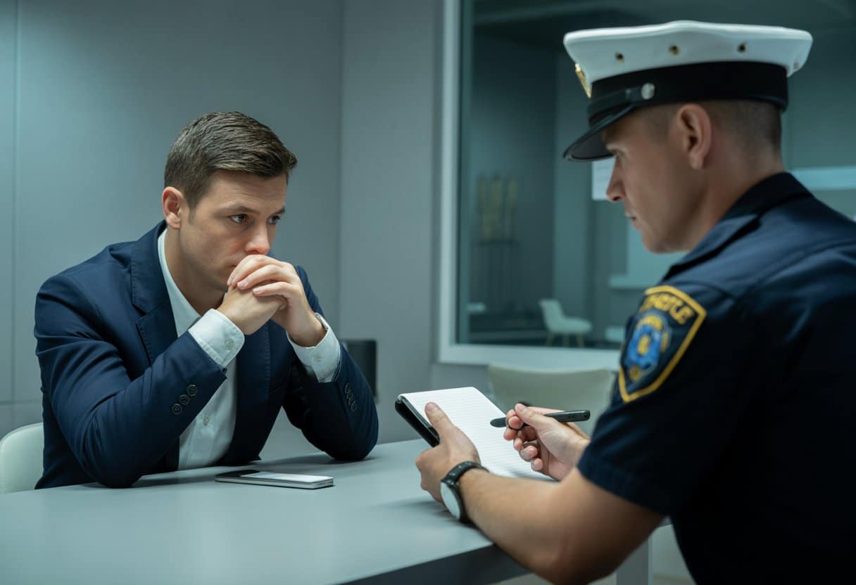 Een verdachte zit zwijgend aan een tafel in een politieverhoorkamer tegenover een politieagent die aantekeningen maakt.