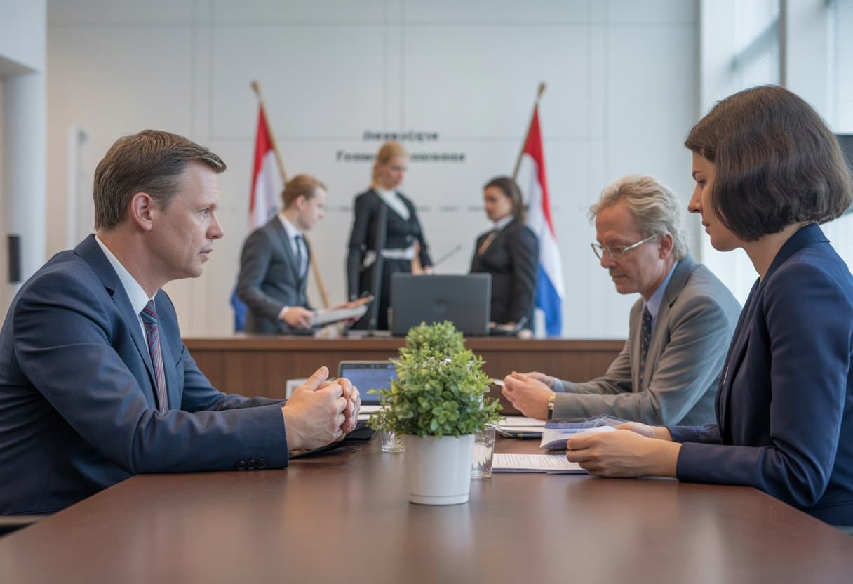 Een groep professionals in een moderne Nederlandse rechtszaal die een bespreking voert over het TBS-systeem.