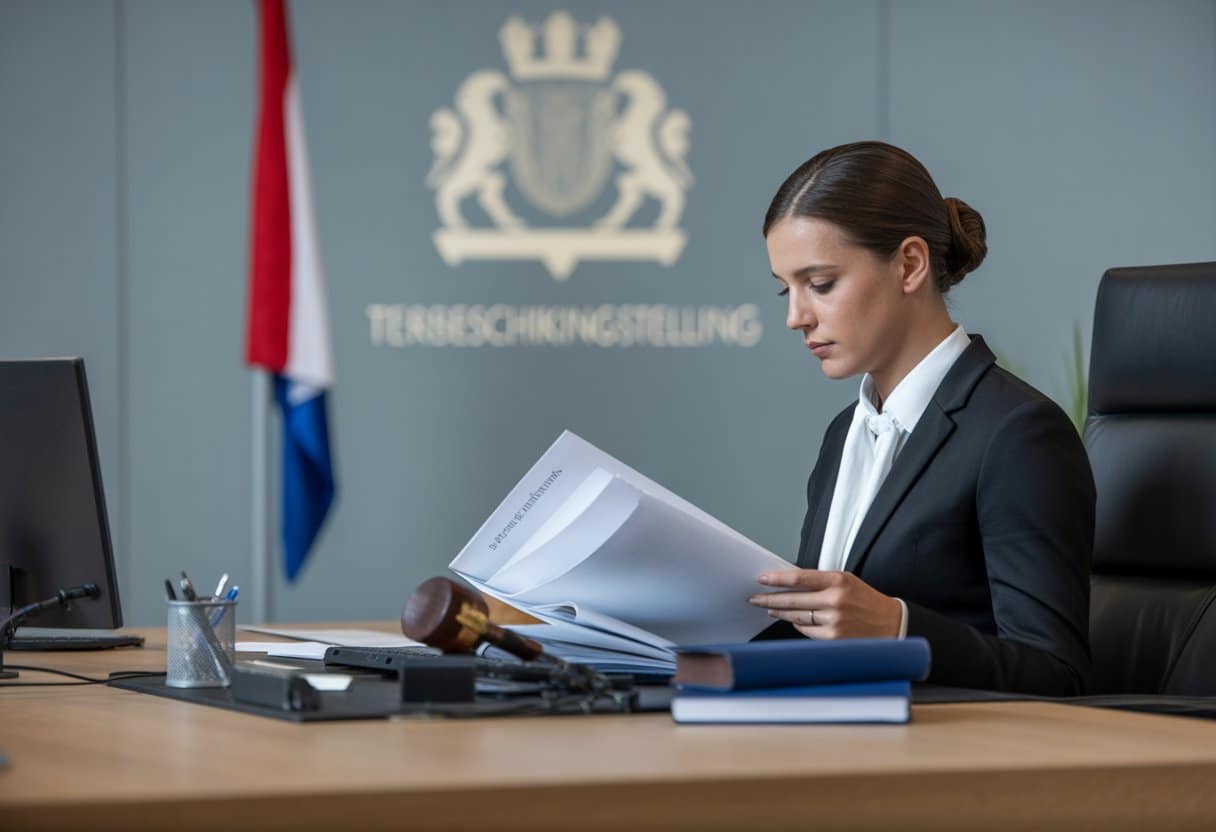 Een rechter in een moderne Nederlandse rechtszaal die documenten bekijkt, met een Nederlandse vlag op de achtergrond.