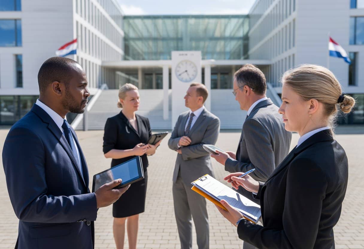 Een groep professionals voor een Nederlands gerechtsgebouw, in gesprek over juridische en psychiatrische zaken.