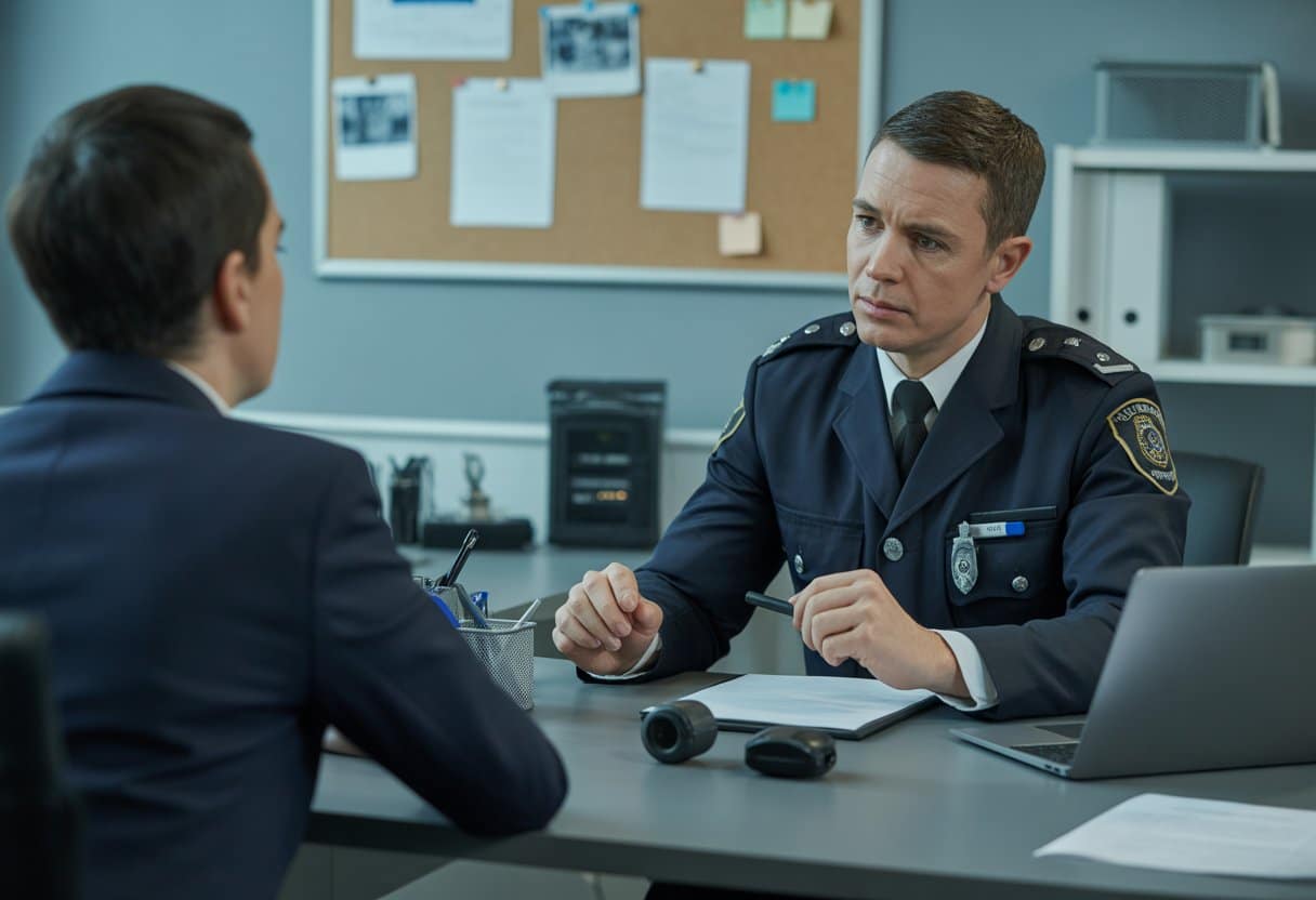 Een politieagent voert een verhoor uit met een verdachte in een kantooromgeving, met documenten en een opnameapparaat op tafel.