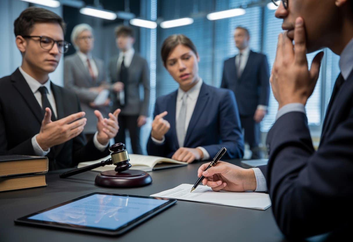 Een persoon die twijfelt bij het ondertekenen van een document, met een advocaat die juridische risico’s uitlegt in een kantooromgeving.