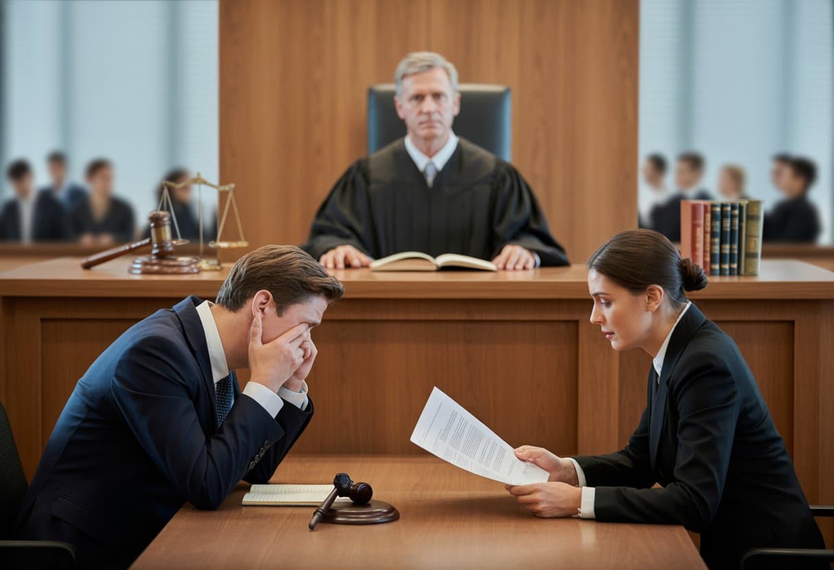 Een persoon in formele kleding bespreekt juridische documenten met een advocaat in een rechtbank, terwijl een rechter op de achtergrond zit.
