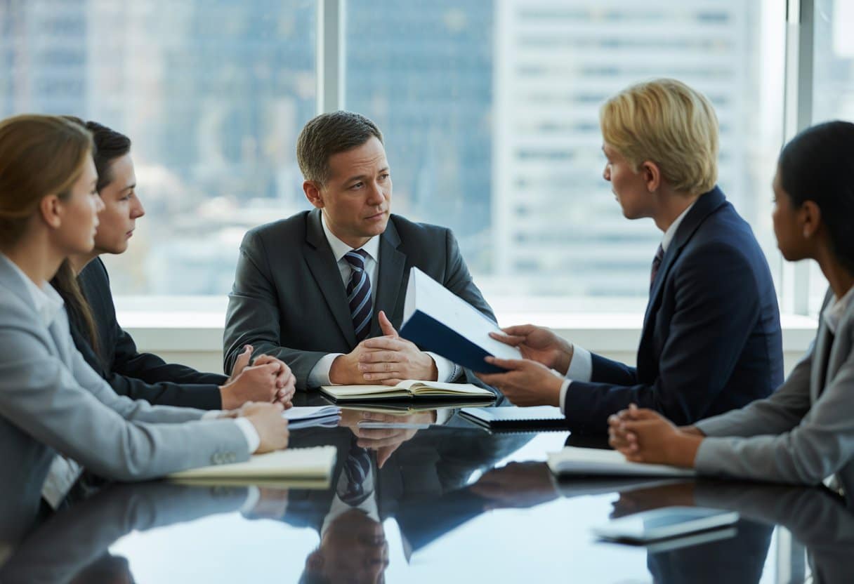 Een zakelijke vergadering in een modern kantoor waar een bezorgde man met een advocaat spreekt over een arbeidsconflict.