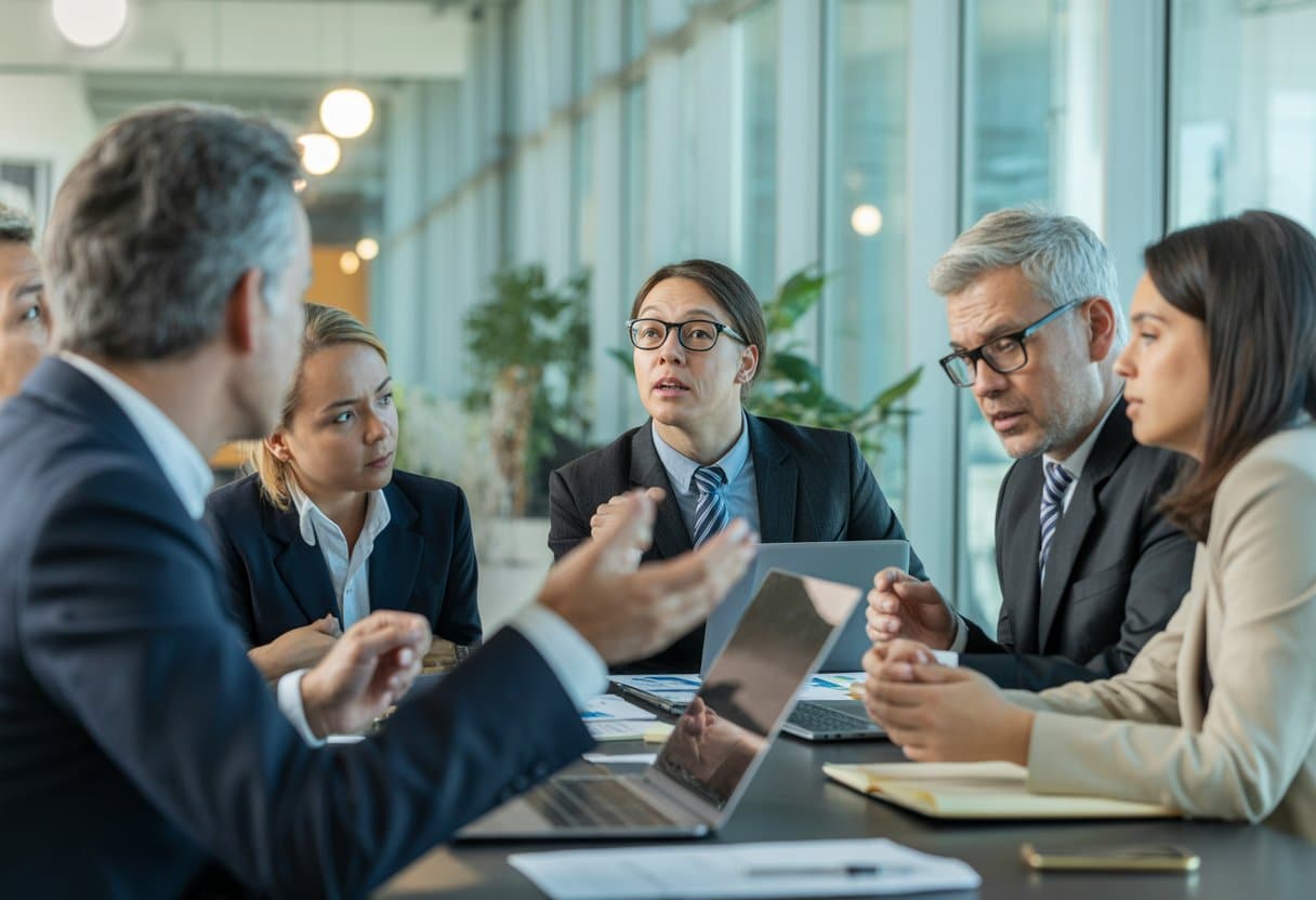 Een groep professionals bespreekt serieus juridische kwesties rond ontslag in een moderne kantooromgeving.