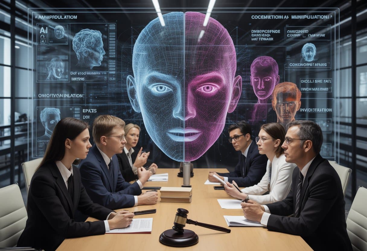 Een groep professionals bespreekt AI-manipulatie en traditionele manipulatie in een kantoor met holografische AI-visualisaties en juridische documenten.