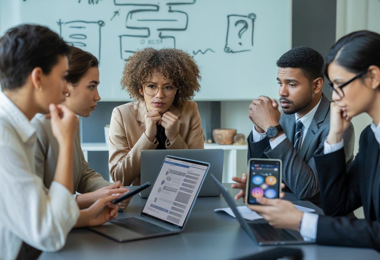 Een groep jonge professionals bespreekt juridische kwesties rond influencers en bedrijfssamenwerkingen in een moderne kantooromgeving.