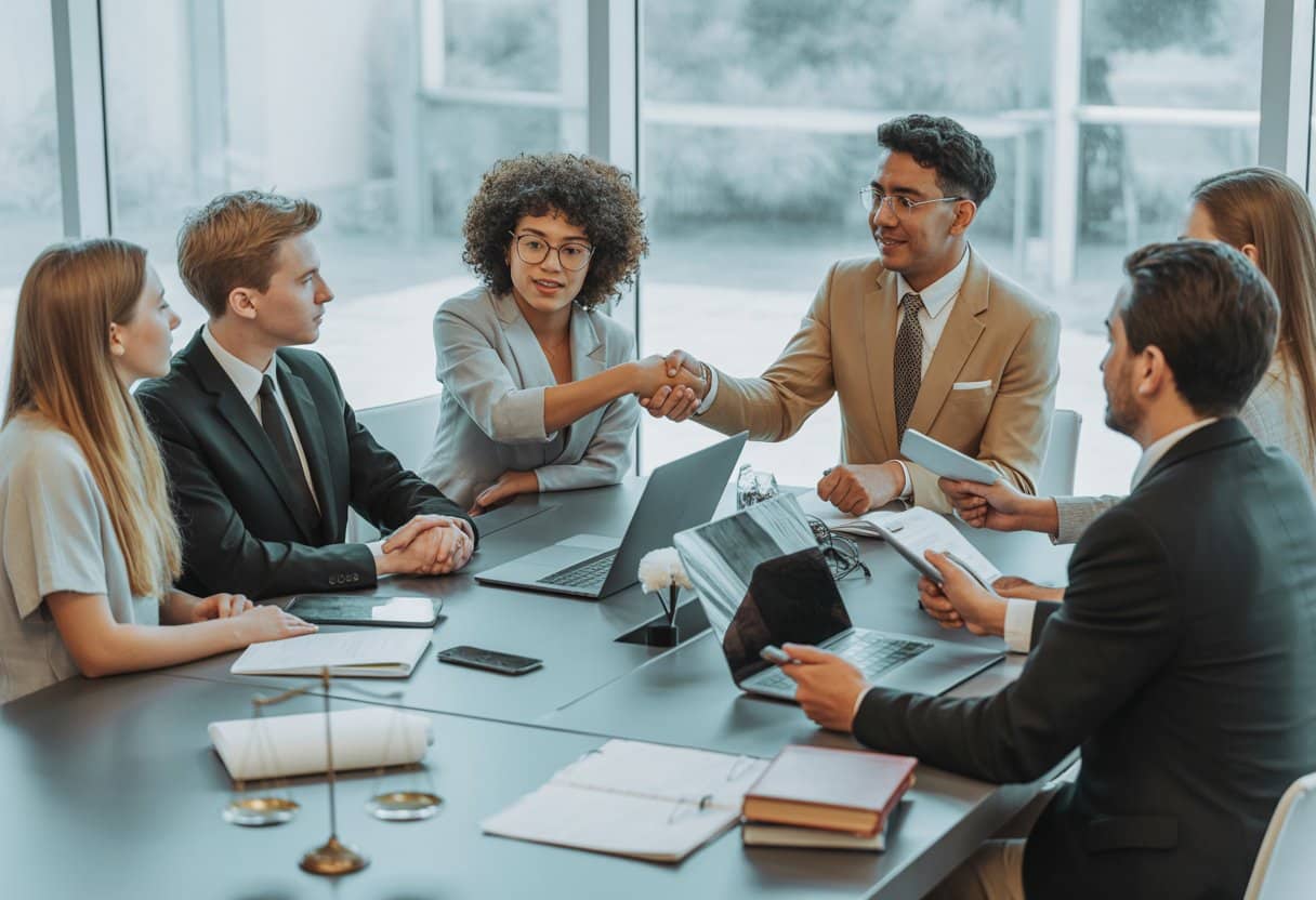 Een groep influencers en bedrijfsvertegenwoordigers zitten samen aan een vergadertafel en bespreken samenwerking.