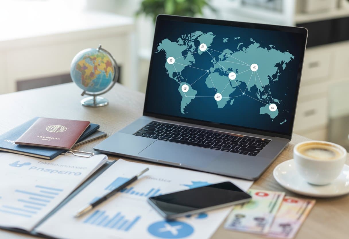 Een moderne werkplek met een laptop die een wereldkaart toont met verbonden punten, omgeven door zakelijke documenten, een smartphone, een koffie kopje, en op de achtergrond een kleine globe, paspoorten en valuta.