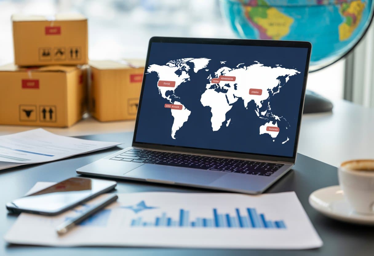 Een moderne werkplek met een laptop die een wereldkaart toont, omringd door documenten en een smartphone, met op de achtergrond verpakkingsdozen en een globe.