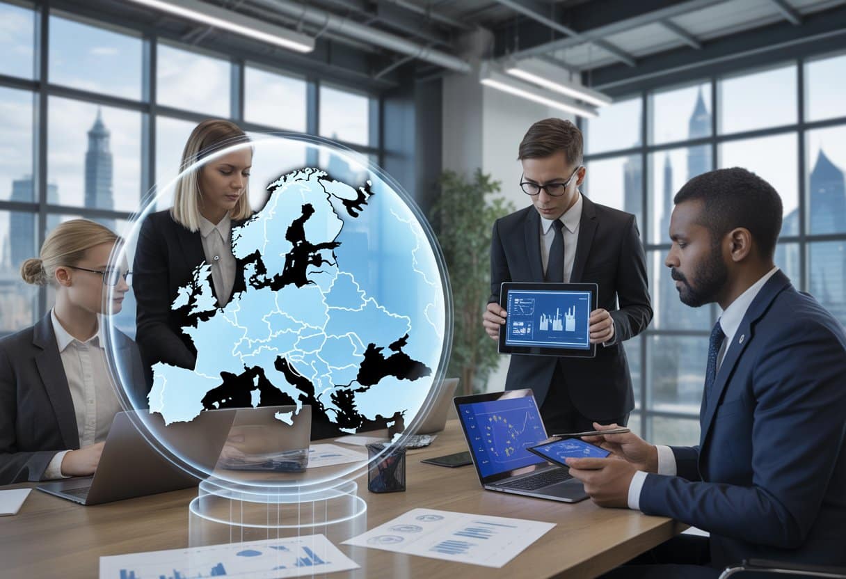 Een groep zakelijke professionals bespreekt digitale documenten en kaarten van Europa in een modern kantoor met uitzicht op een Europese stad.