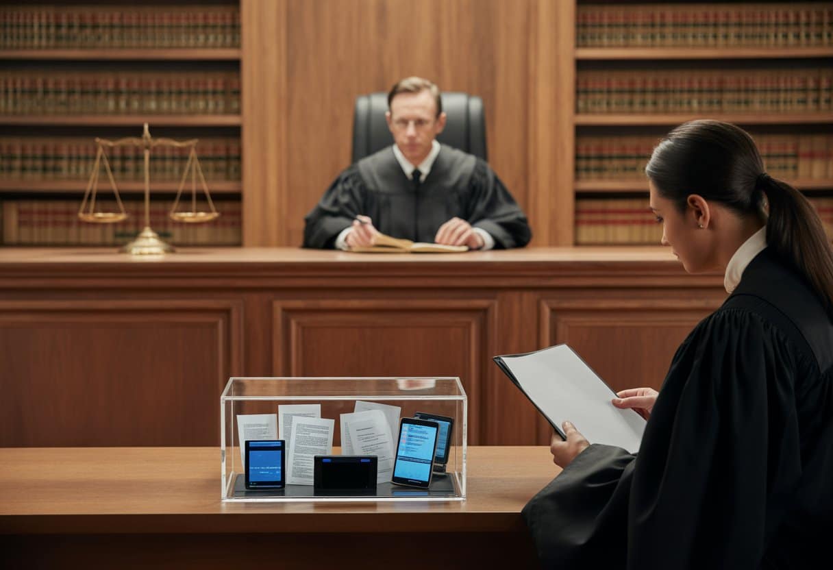 Een rechter in een rechtbank bekijkt bewijsstukken terwijl een advocaat een zaak presenteert, met juridische boeken en een weegschaal van gerechtigheid op de achtergrond.