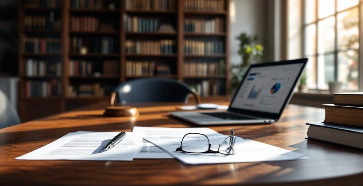 Sophisticated law office with mahogany desk and legal software on a laptop.