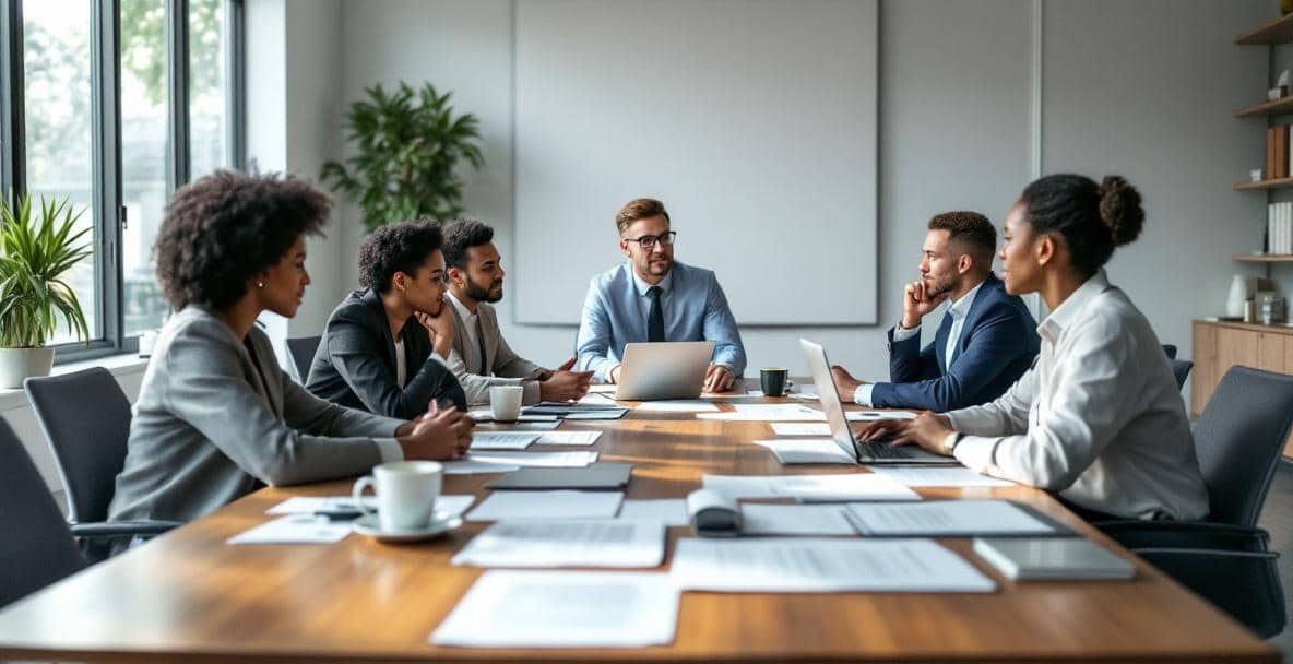 Diverse professionals around a table discussing legal documents in a modern conference room.