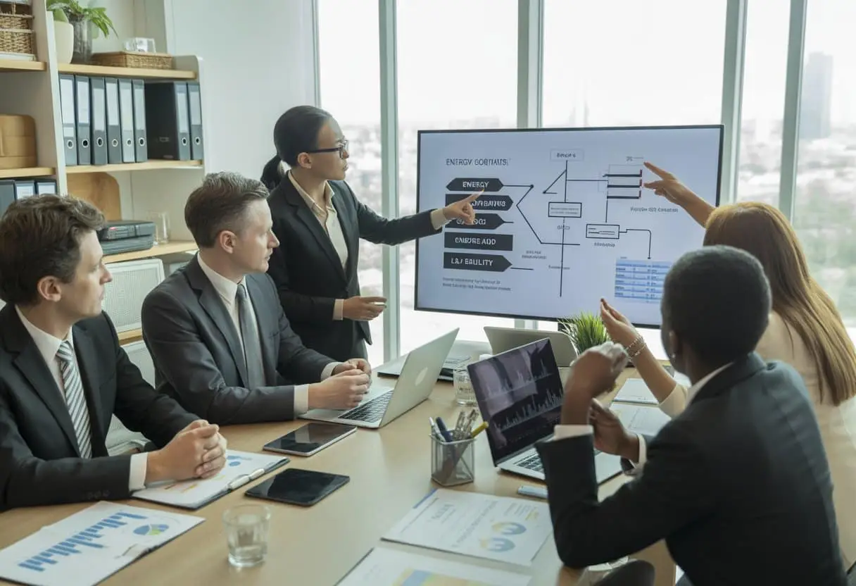 Een groep zakelijke professionals zit rond een vergadertafel en bespreekt energiecontracten en risico's bij leveringsproblemen.