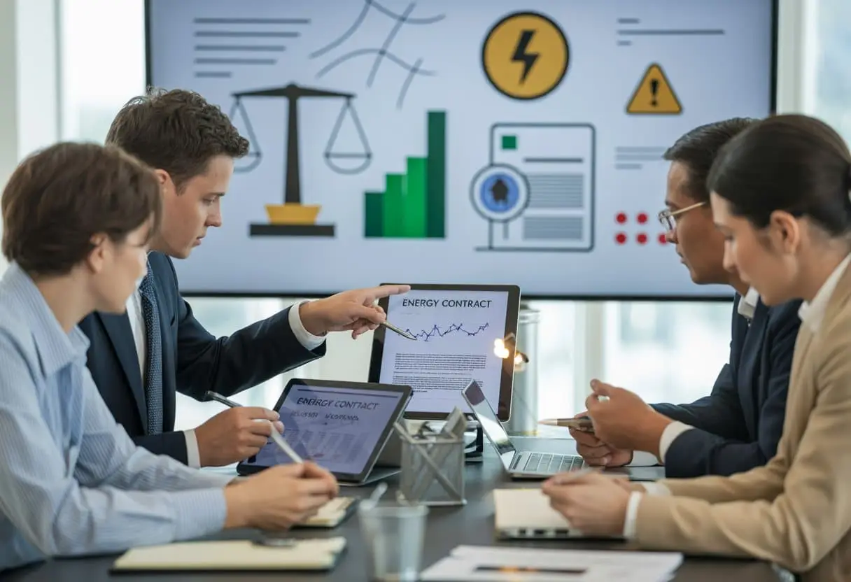 Een groep zakelijke professionals bespreekt energiecontracten en aansprakelijkheid rond een vergadertafel met documenten en digitale apparaten.