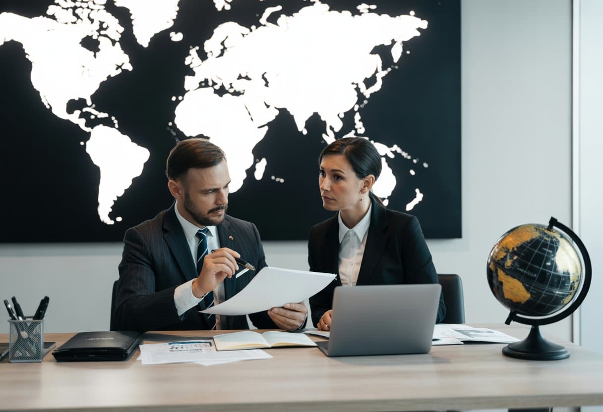 Twee zakelijke professionals bespreken documenten in een kantoor met een wereldkaart op de achtergrond.