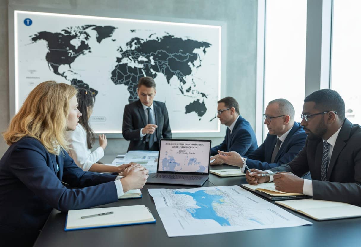 Een groep zakelijke professionals bespreekt documenten over grensoverschrijdend transport in een moderne kantoorruimte met een wereldkaart op de achtergrond.