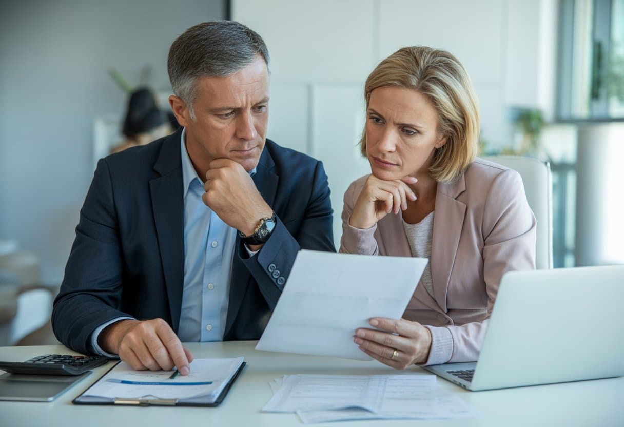 Een serieus kijkend stel zit samen aan een bureau en bekijkt financiële documenten.