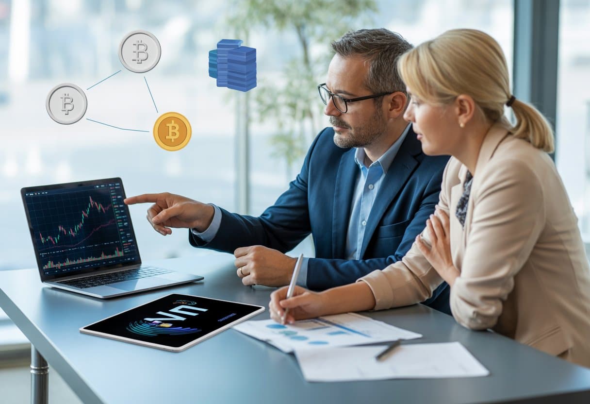 Een stel bespreekt digitale vermogens zoals cryptovaluta en NFT’s tijdens een gesprek met een adviseur aan een bureau in een kantoor.
