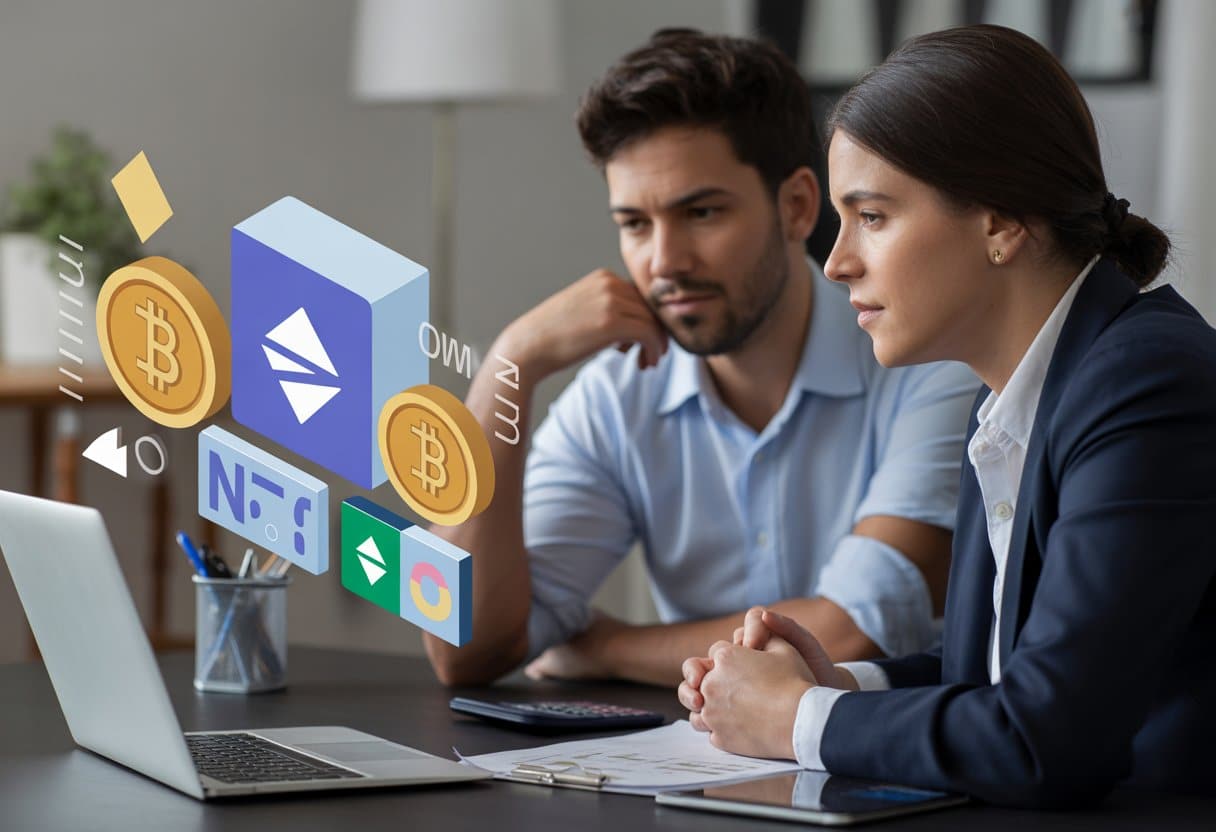Een koppel zit aan een tafel in een kantoor en bespreekt digitale activa zoals cryptovaluta en NFT’s tijdens een scheiding.