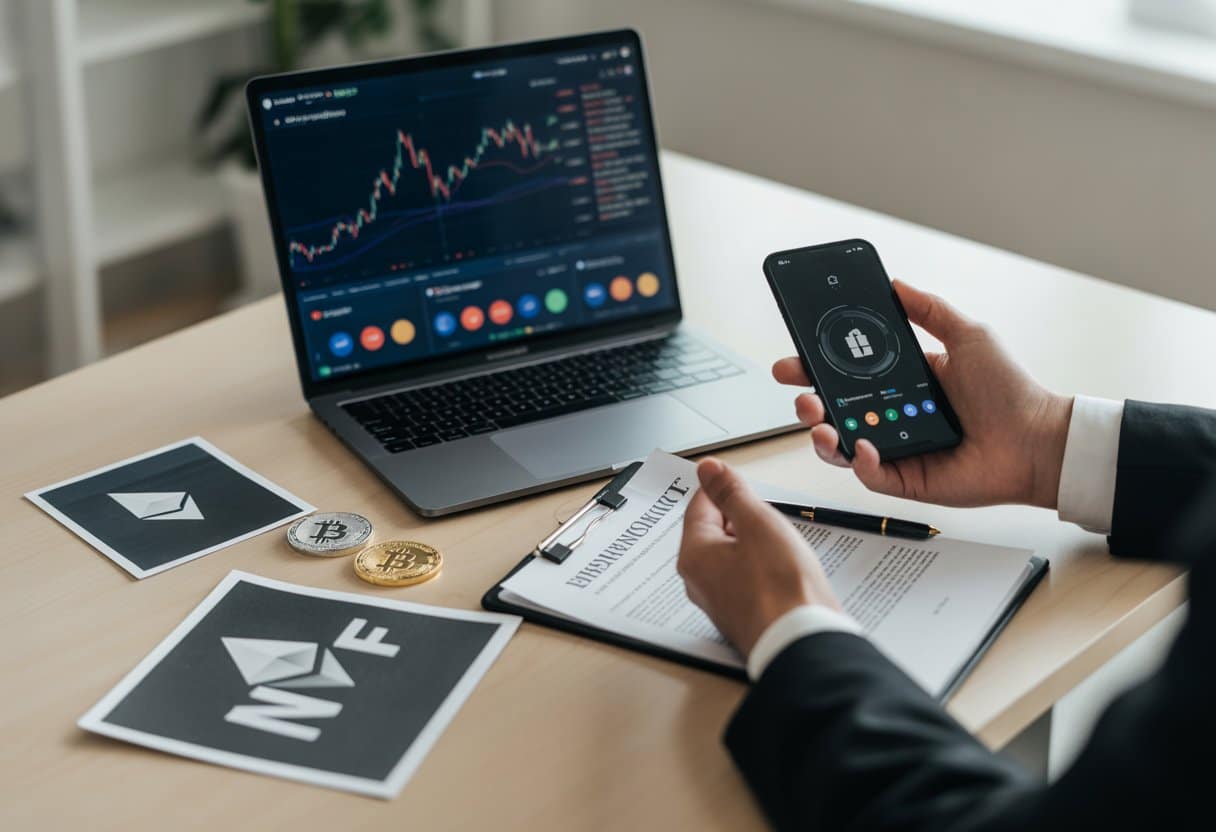 Een moderne kantoorruimte met een laptop die cryptovalutagrafieken toont, fysieke cryptomunten op het bureau en handen die een smartphone en juridische documenten vasthouden.