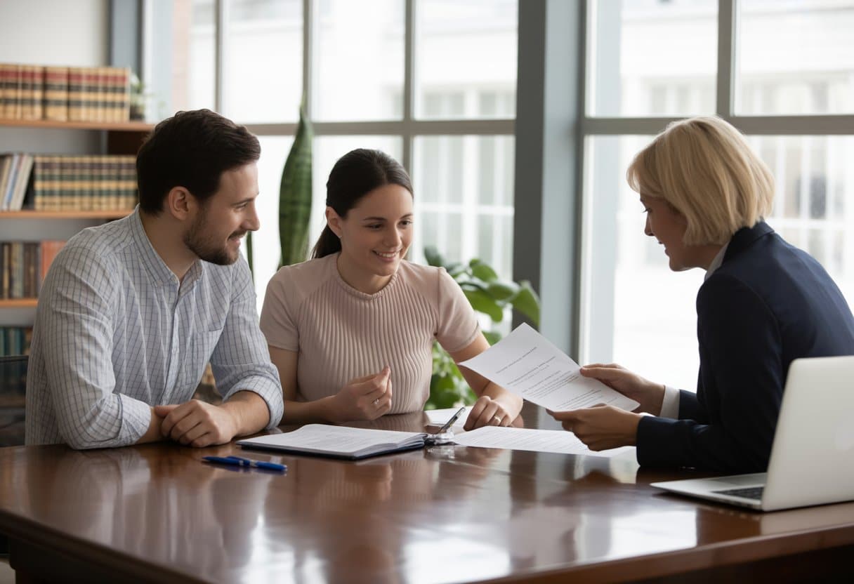 Twee ouders en een juridisch adviseur zitten samen aan een tafel en bespreken documenten over een ouderschapsplan in een kantoor.
