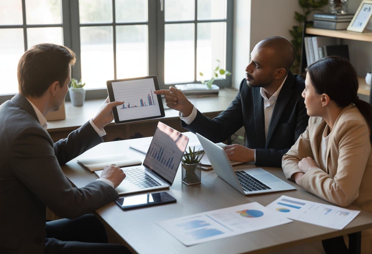 Drie professionals zitten aan een tafel in een kantoor en bespreken zakelijke documenten en grafieken.