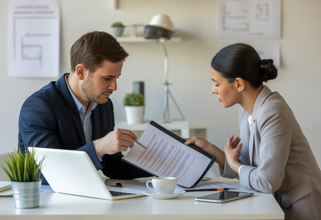 Twee zakelijke professionals bespreken documenten in een moderne kantooromgeving.