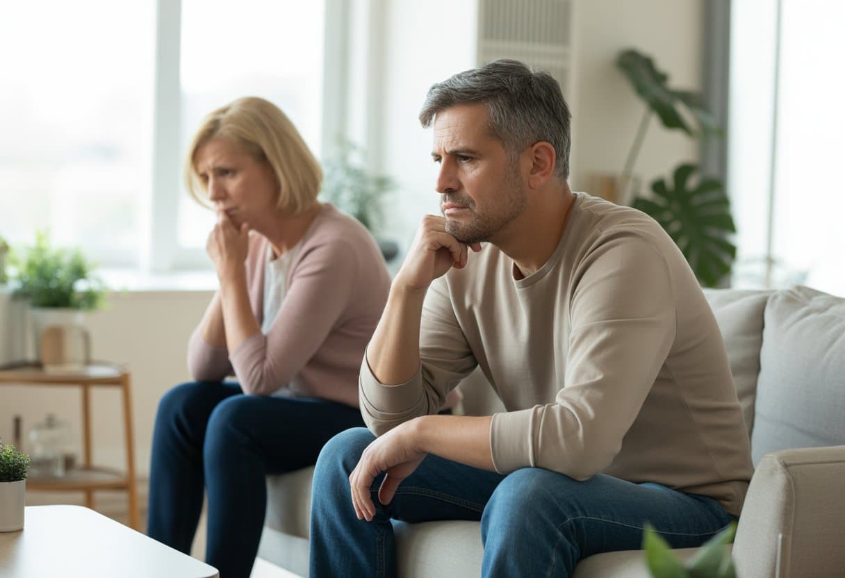 Een volwassen stel zit apart op een bank in een lichte woonkamer met serieuze gezichten, wat een scheiding na samenwonen zonder huwelijk uitbeeldt.