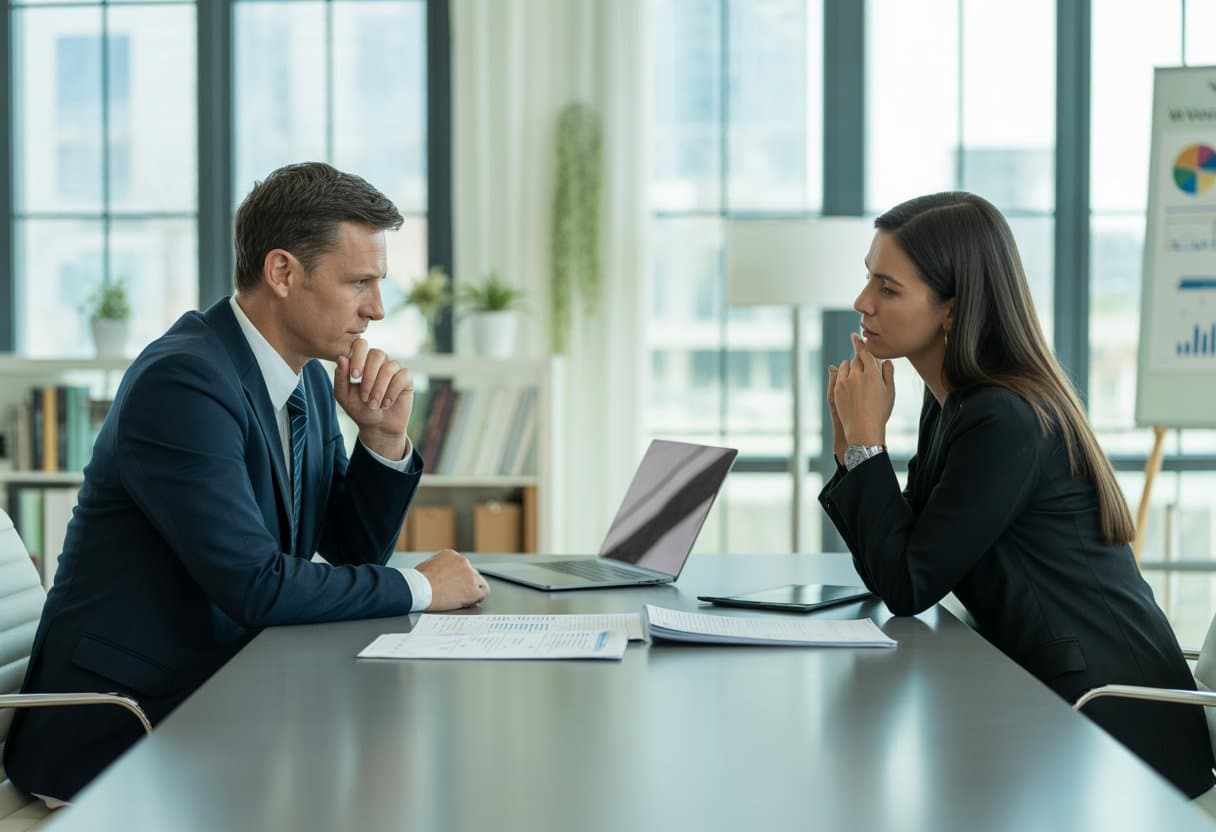 Twee zakelijke mensen zitten aan een tafel en bespreken documenten in een modern kantoor.
