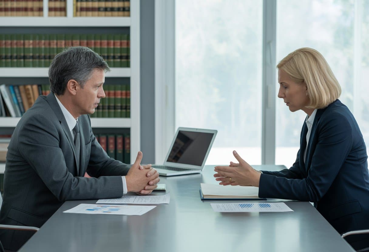 Twee ondernemers zitten tegenover elkaar aan een vergadertafel met documenten en een laptop, in een kantooromgeving, met een serieuze en geconcentreerde uitstraling.